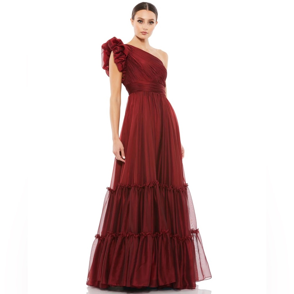 Mac Duggal Womens 8 Burgundy Organza One-Shoulder Pleated Gown Dress Tiered NWT